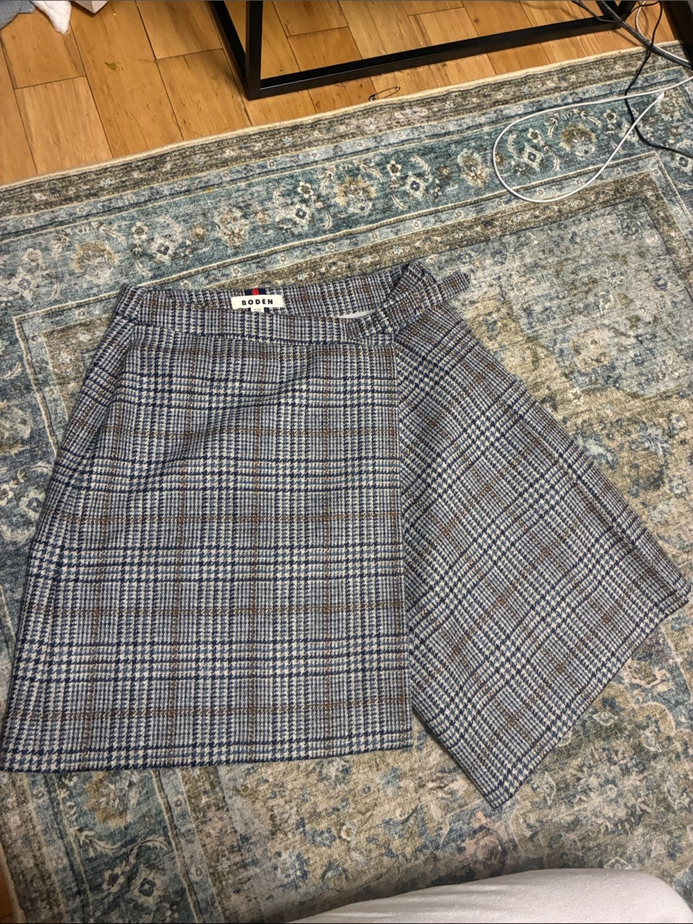 Boden Blue and Brown Plaid Asymmetrical Mini Wrap Skirt Dark Academia Old Money